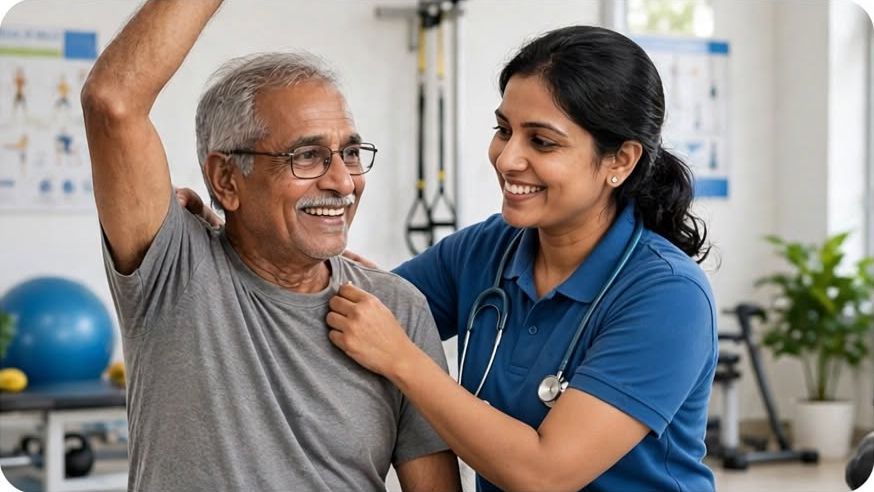 Physiotherapist helping a patient with a shoulder exercise